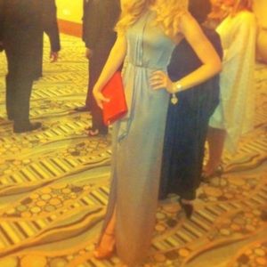 BCBGMaxAzria silky long gown w/ gold chain detail